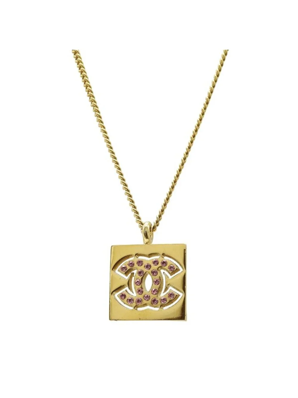 Chanel 01P Square CC Logo Pendant Rhinestone Gold Plated Pink Necklace